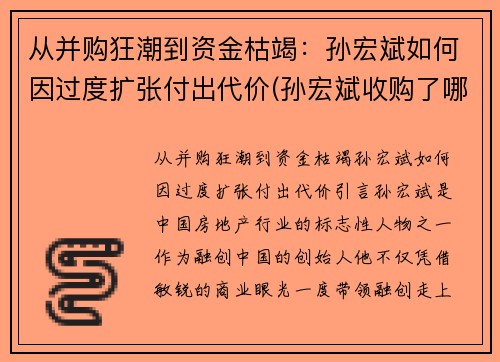 从并购狂潮到资金枯竭：孙宏斌如何因过度扩张付出代价(孙宏斌收购了哪些)